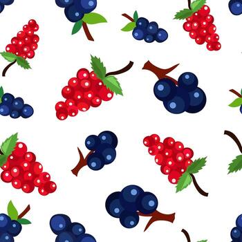 Bright red and dark blue berries are evenly distributed across a white backdrop, creating a playful and vibrant seamless pattern. Ideal for various design projects and backgrounds vector