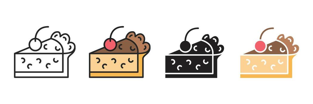 Four Style Options Cherry Cake Slice Icon Set, Line, Color, Filled, and Outline Variations. vector