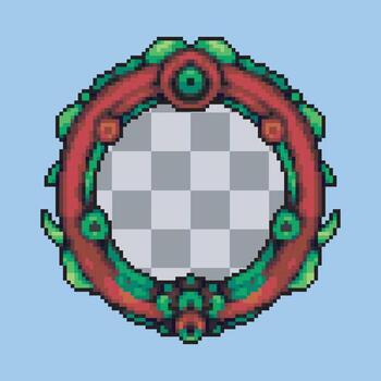 Fantasy red and green circular frame in pixel art style vector