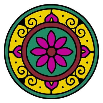 vibrante mandala diseño presentando un central fucsia flor rodeado por amarillo, verde, y granate concéntrico círculos, embellecido con arremolinándose patrones y corazón formas vector
