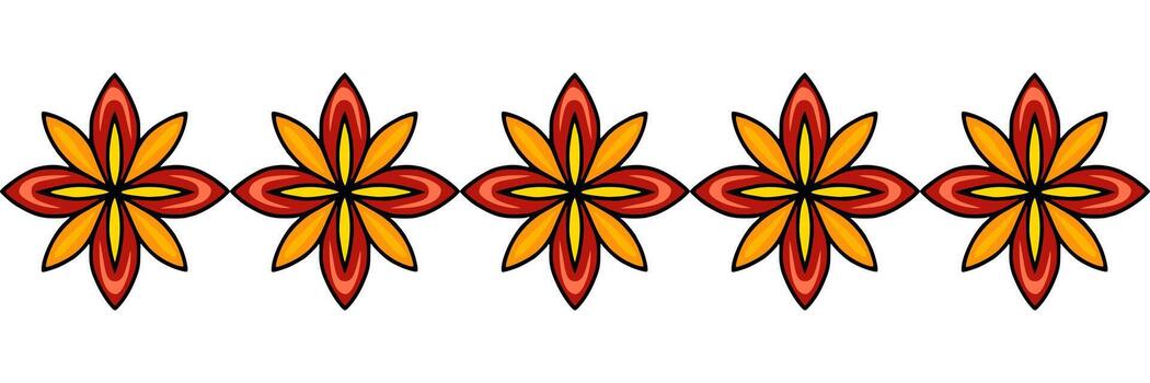 Seamless border design featuring a repeating pattern of stylized orange and red flowers with a bold black outline, perfect for adding a vibrant, ethnic touch to various design projects. vector