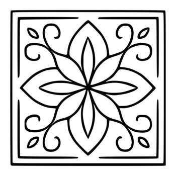 Elegant floral tile pattern with a central symmetrical flower and swirling leaf motifs, framed by a bold double border, ideal for design projects requiring a classic and sophisticated aesthe... vector