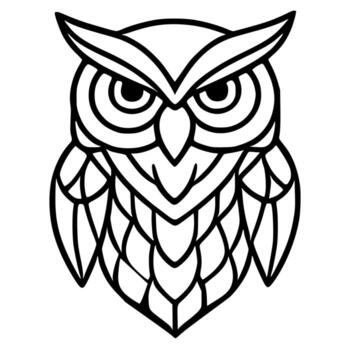 A illustration of an owls head, stylized with a geometric, stainedglasslike pattern, featuring bold black lines against a white background, creating a striking and modern design. vector