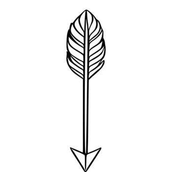 Stylish illustration of a single arrow with a featherlike design, featuring a minimalist black and white aesthetic and a sharp, pointed arrowhead. vector