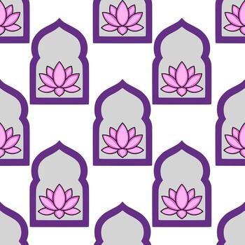 Seamless pattern featuring pink lotus flowers nestled within elegant purple and grey arched frames, creating a sophisticated and repeating design ideal for various applications. vector