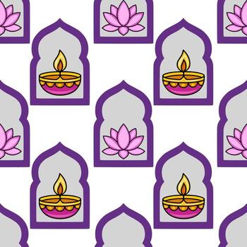 Seamless pattern featuring repeating illustrations of lit diyas and pink lotuses within purple arched frames on a white background, ideal for festive Indian designs. vector