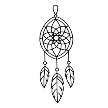 elegante ilustración de un atrapasueños con Tres plumas, presentando un detallado circular modelo y un minimalista negro y blanco diseño. vector