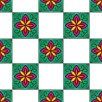 Seamless pattern with vibrant teal, magenta, yellow, and red stylized floral motifs arranged in a checkered pattern on a white background, ideal for textile design or decorative projects. vector