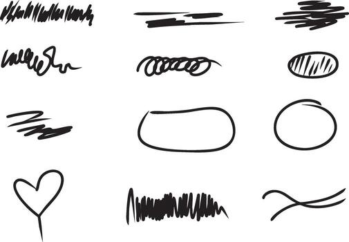 Set of black scribbles and doodles, including various shapes, lines, and textures. A collection of hand-drawn elements vector