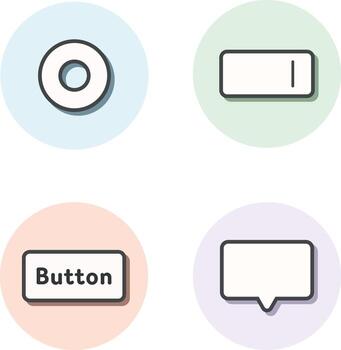 Simplified interface element icons including radio button, battery indicator, action button, and speech bubble vector