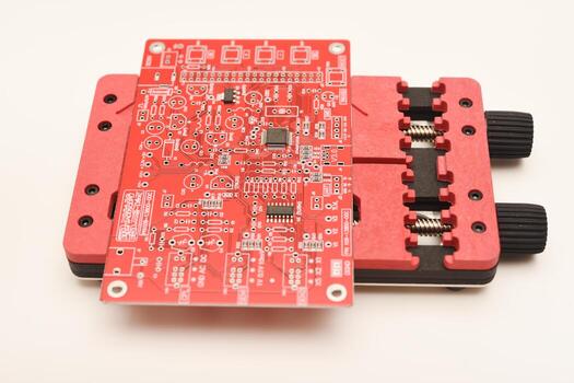 Sturdy universal holder for printed circuit boards, featuring a prominently displayed red development board secured in its clamps for inspection. photo