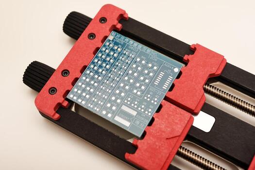 Close-up of a versatile PCB work holder with multi-position clamps firmly holding a red soldering practice board. photo