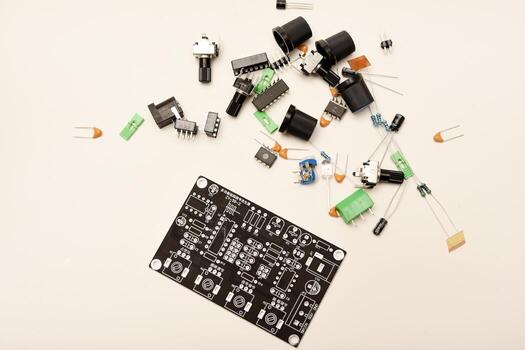 A complete DIY electronics kit for assembling a functional radio device, featuring diverse radio components and a printed circuit board. photo