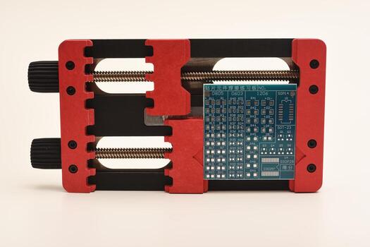 Top-down view of a universal PCB holder with locking swivel clamps gripping a bright red circuit board populated with components, ready for rework. photo