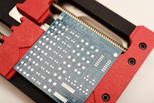 Professional adjustable circuit board holder securing a bright red PCB for precise component soldering. photo
