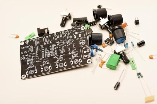 Perfect image representing the hands-on learning and project-building process for electronics enthusiasts. A complete DIY electronics kit for assembling a functional radio device, featuring diverse photo