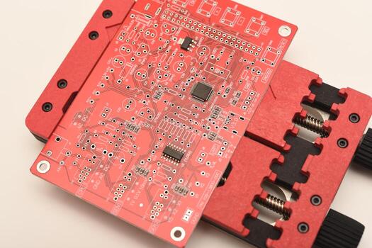 Close-up view of a versatile PCB holder with alligator clips securing a vivid red circuit board for soldering components. photo