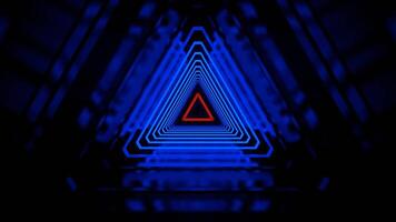 blå och orange neon pulserande triangel- cyber tunnel bakgrund vj slinga i 4k video