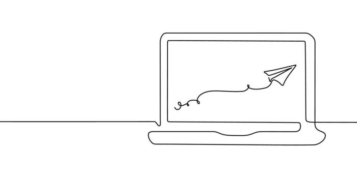 Laptop continuous line illustration computer screen office work art pc outline. Line continuous laptop notebook doodle single desktop typing business icon monitor digital email technology data. vector