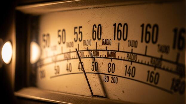 An analog meter is shown in the dark photo