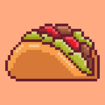 Classic taco icon in a detailed retro pixel art style, loaded with traditional fillings like ground meat, lettuce, and tomato in a crispy shell. Versatile element for any food-themed project vector