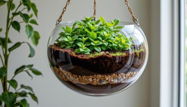 a large oval hanging planter with layers of soil, gravel, and plants visible through clear glass photo