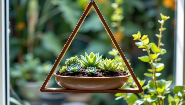 a triangle frame suspending a small dish garden of succulents, surrounded by ambient light photo
