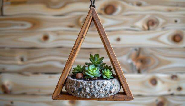 a reclaimed wood triangle frame suspending a stone planter, filled with mini succulents photo