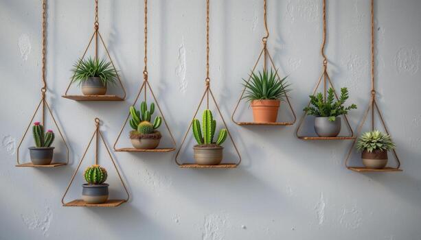 un conjunto de triangular metal jardineras suspendido en un panal patrón, lleno con cactus y arreglado en contra un gris borracho pared en absoluto quietud. foto