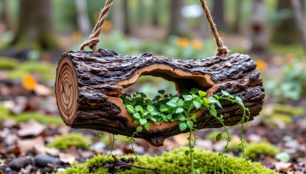 un colgando Iniciar sesión rebanado abierto y ahuecado fuera a sostener plantas, suspendido terminado cubierto de musgo suelo foto