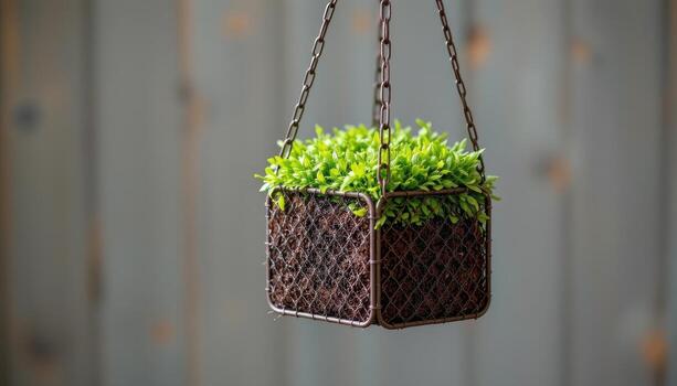 a square hanging planter made of steel mesh with moss inside. photo