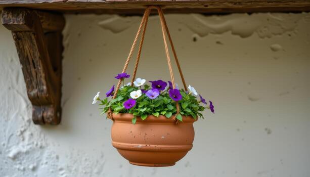 a rough clay planter filled with violets and suspended by three ropes in a triangular configuration under a weathered overhang. photo