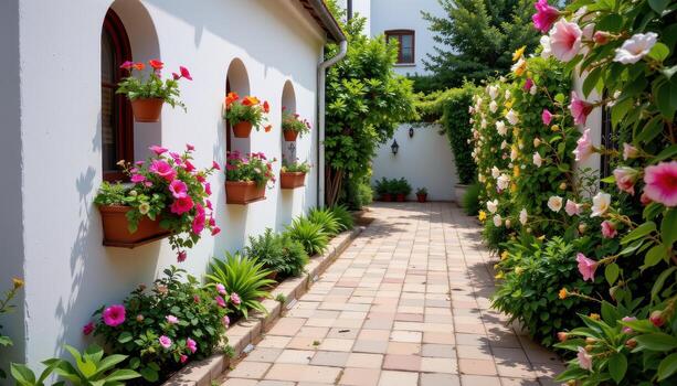 a patterned tile path where blossoms hang from wall planters and spill across the stone edges. photo