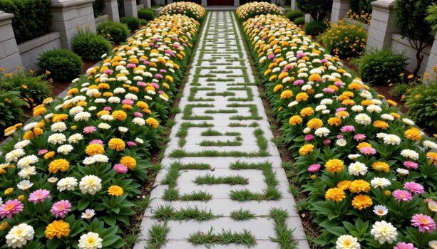 a geometric patterned walkway bordered with symmetrical beds of chrysanthemums in a modern, minimalist garden. photo