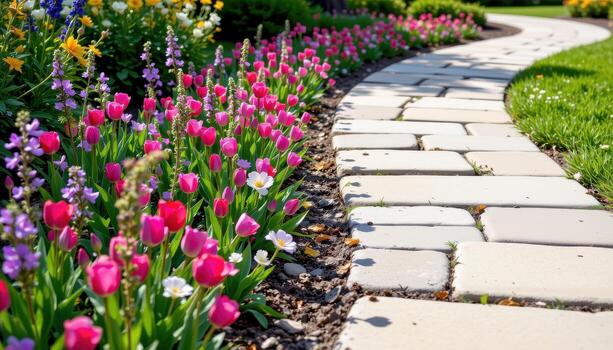 a clean lined walkway of light stone bordered by lavender and dark tulips planted in alternating patterns. photo