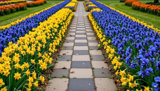 a checkered path with alternating flowerbeds of yellow daffodils and blue irises creating a vibrant visual pattern. photo