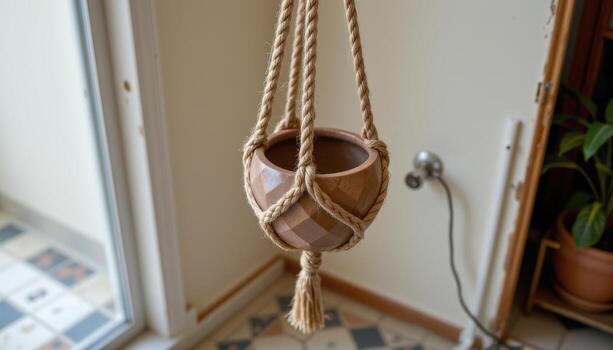 a tightly braided rope hanger holding a faceted pot in a corner with patterned floor tiles. photo