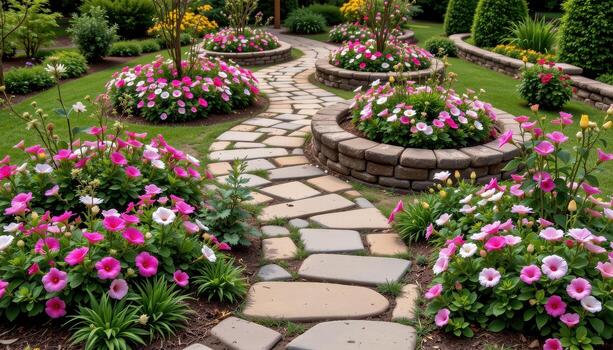 a compact path set between elevated flower beds arranged in spiral patterns with seasonal blooms. photo