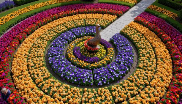 a spiraling path circling a central floral sculpture, surrounded by vibrant pansies and calendulas planted in gradient color patterns. photo