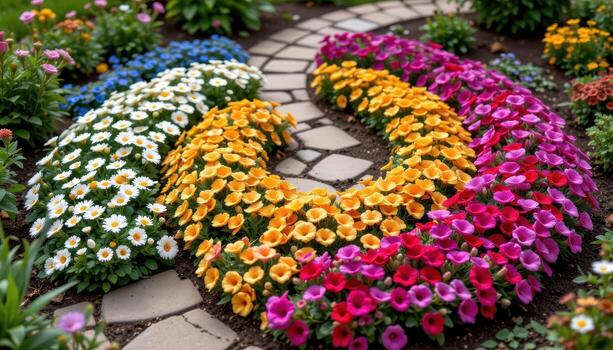a spiral pathway through a circular garden design, with layers of daisies, foxglove, and petunias creating a floral rainbow. photo