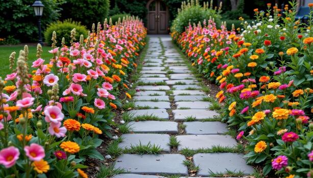 a wide garden path paved with patterned stones and lined with tall snapdragons and vibrant zinnias in symmetrical arrangements. photo