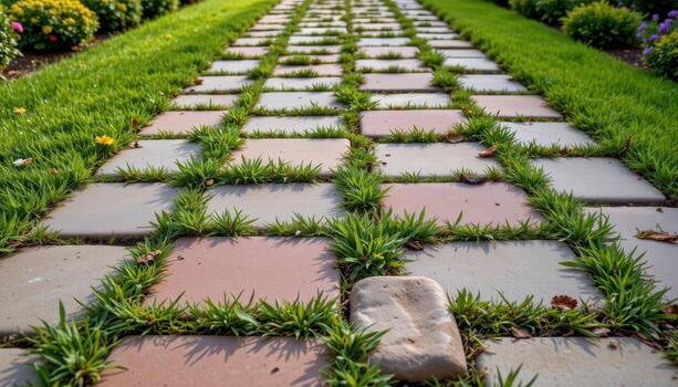 a broad path with alternating patches of grass and flower tiles forming a patterned walkway. photo