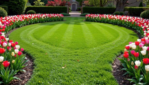 a path encircling a manicured lawn, outlined by tulip borders in perfect symmetrical rows. photo