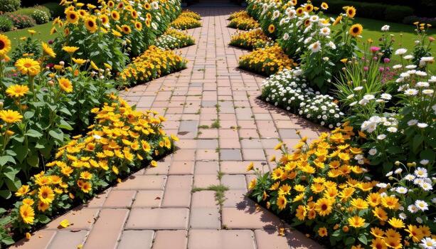 un geométrico pasarela forrado con triangular flor camas lleno con girasoles y margaritas en pareo patrones. foto
