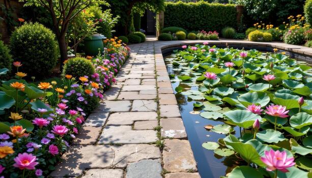 a garden path of patterned tiles set beside flower lined reflecting pools filled with lotus blooms. photo