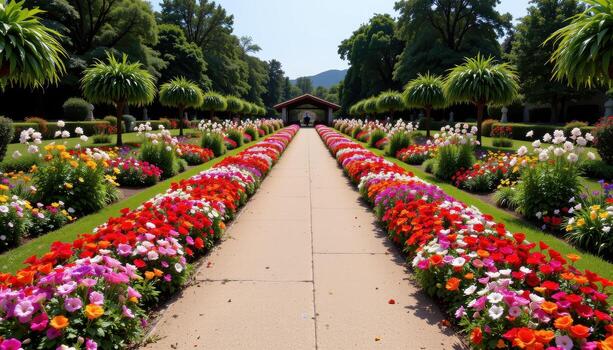 a floral promenade with flower beds repeating in mirrored patterns on both sides of the path. photo