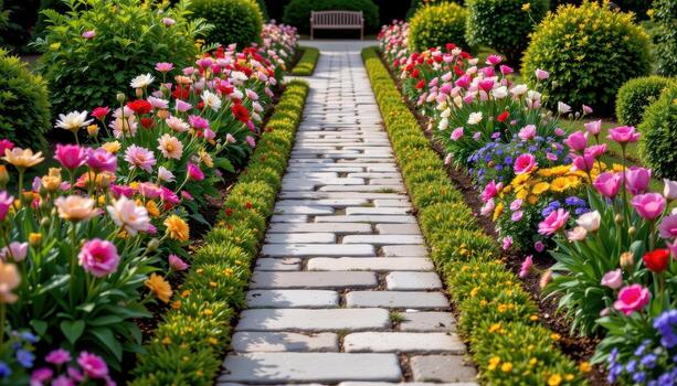 a patterned stone path flanked by manicured flower beds with formal arrangements of dahlias and ranunculus. photo