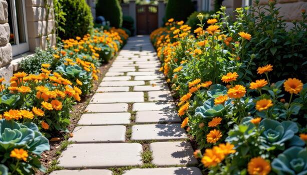 a sunlit walkway of light sandstone tiles bordered by blooming calendulas and ornamental kale in carefully spaced patterns. photo