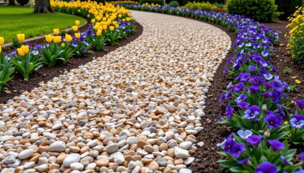 a walkway of crushed shells bordered by alternating patches of yellow tulips and purple pansies. photo