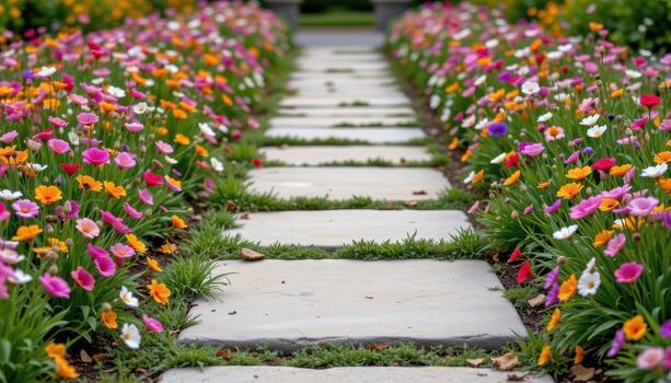 a minimalist stone path framed by linear beds of soft wildflowers like cosmos and poppies. photo